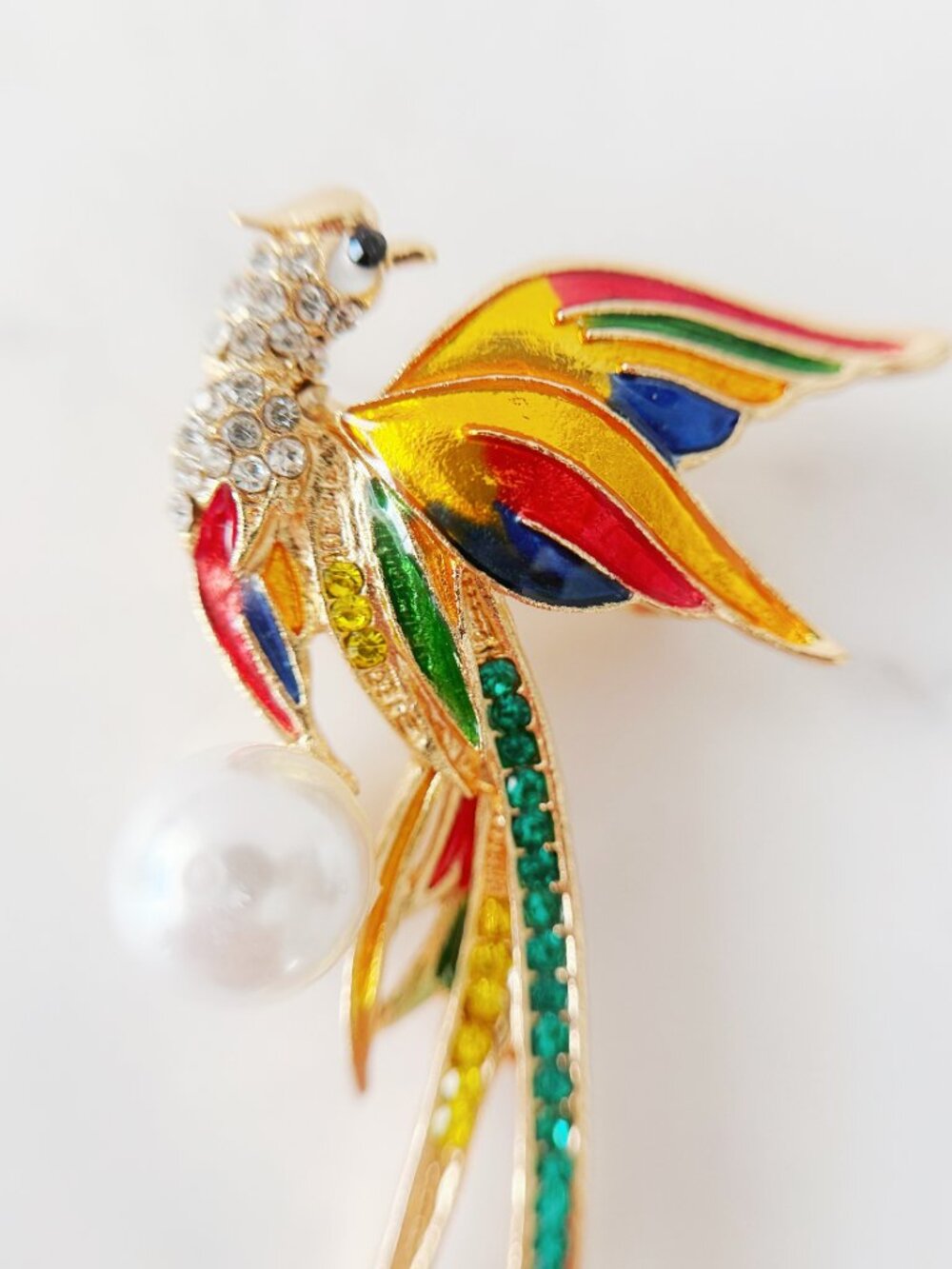 Colorful Bird Brooch with Rhinestones and a Pearl-Style Accent, Gold Tone